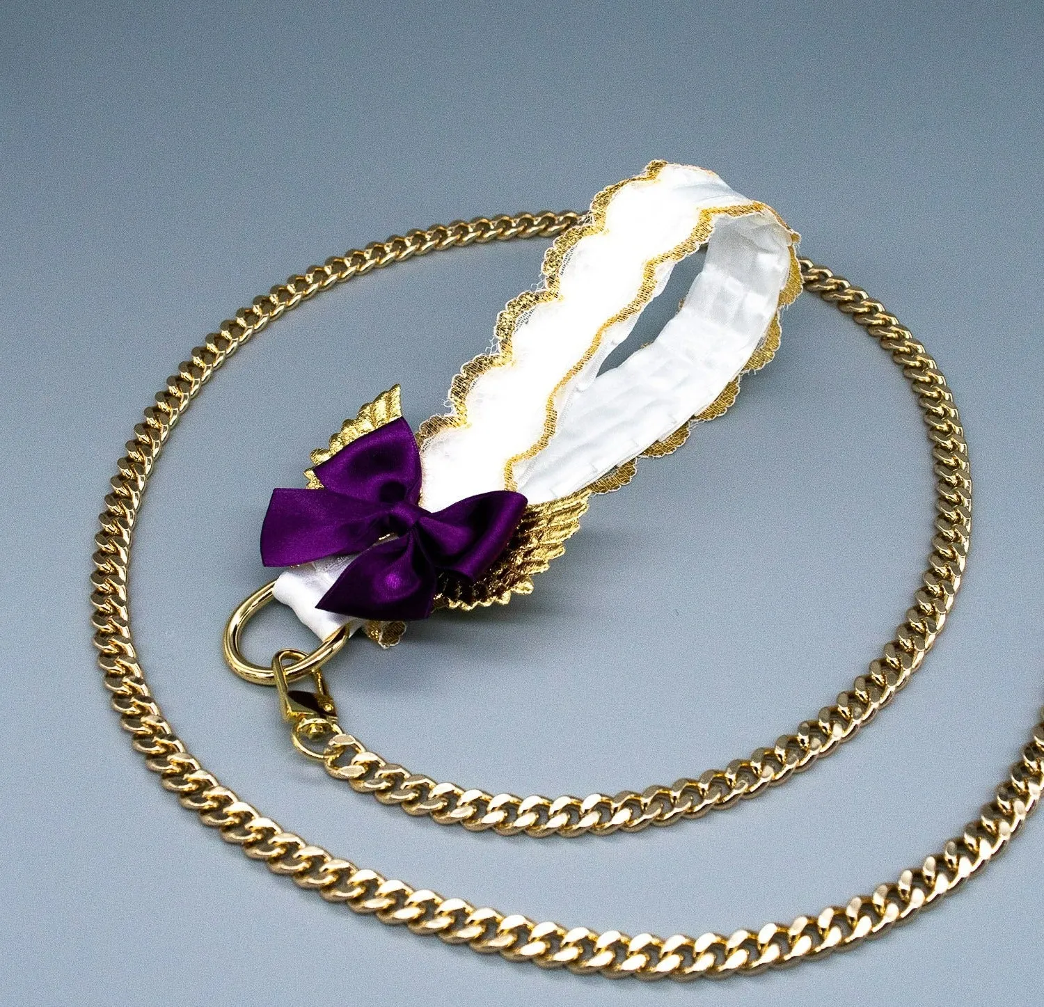 White Lace Plum Bow with Gold Wings  - Gold Leash